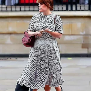 Artistic representation for Princess Eugenie looks beautiful in a pleated skirt and Louis Vuitton bag.