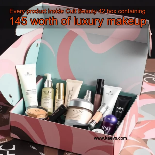 Artistic representation for Every product inside Cult Beauty 42 box containing 145 worth of luxury makeup